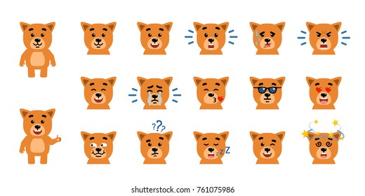 Set of funny yellow puppy emoticons showing different emotions. Happy, sad, angry, dazed, sleep, shocked, tired, in love and other emotions. Flat style vector illustration
