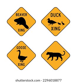 Set funny yellow road sign. Beaver, duck, goose, panther crossing. 