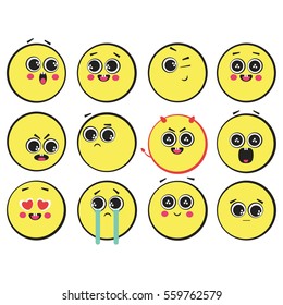 Set of funny yellow smiley. Vector illustration.