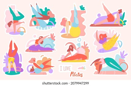 Set of funny young women doing pilates and yoga. Inscription - I love Pilates. Healthy lifestyle. A collection of female cartoon characters showing various poses. Hand drawn vector illustration