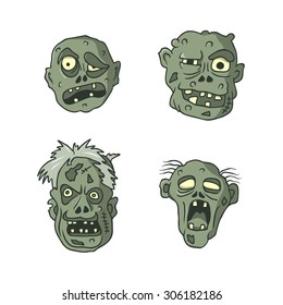 Set of Funny Zombie Characters. Hand drawn vector illustration.  Cartoon style. Could be used as part of Halloween design.