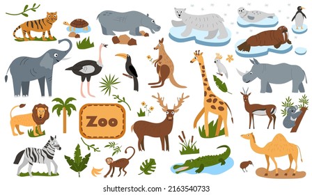 Set of funny zoo animals, Tiger, turtle, elephant, lion, camel, deer, bear, monkey and other. Colourful vector illustration in flat style.