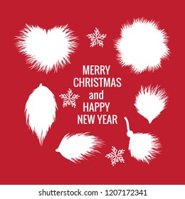 Set Fur forms winter white hand drawn fluffy isolated on red background. Merry Christmas and Happy New Year Card