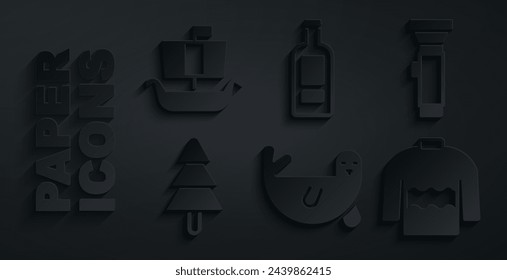 Set Fur seal animal, Flashlight, Tree, Sweater, Bottle of vodka and Viking ship Drakkar icon. Vector