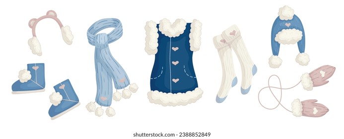 A set of fur, winter, knitted clothes, accessories and shoes. Vector graphics.