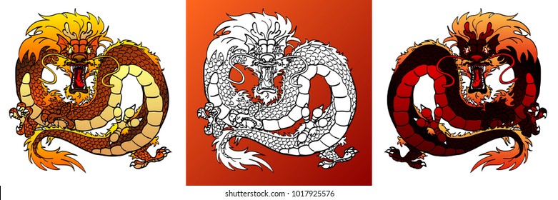 Set furious asian dragons colorful fire black-red and earth yellow-brown and line-art separately on a white background. Vector cartoon illustration, page coloring book