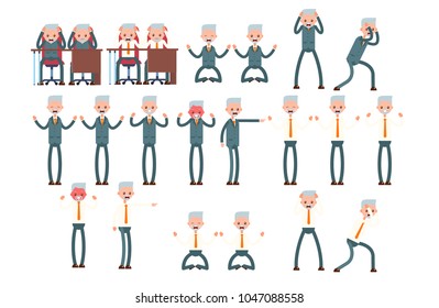 set furious emotions, frustration, anger. elderly businessman. cartoon character set.