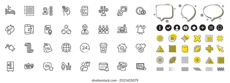 Set of Furniture, 24 hours and Scarf line icons for web app. Design elements, Social media icons. Vacancy, Equity, Smile icons. Certificate, Takeaway coffee, English signs. Vector