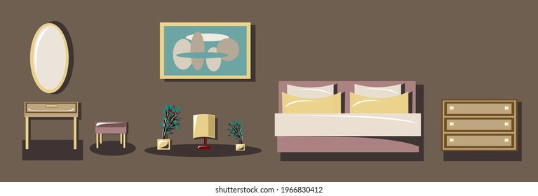 A set of furniture, accessories for the interior. Room, bedroom, interior. Chest of drawers, console, curbstone, chair, bed, sofa, painting, table lamp, potted plant, mirror. Isolated vector objects.