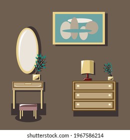 A set of furniture, accessories for the interior. Room, bedroom, interior. Chest of drawers, console, curbstone, chair, painting, table lamp, potted plant, mirror. Isolated vector objects.