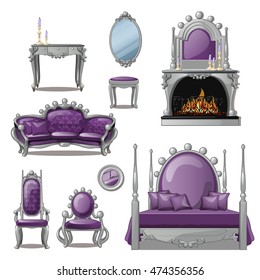 A set of furniture and accessories for living room interior in grey and purple. Vintage style. Vector illustration.
