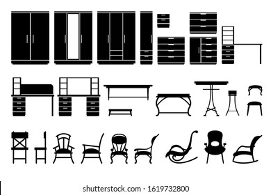Set of furniture for apartments: wardrobe, chest of drawers, table, chair, armchair. Vector