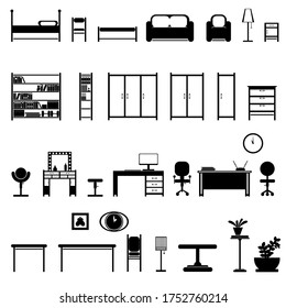 set of furniture b interior items 2d in black and white.