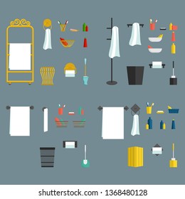 A set of furniture for the bathroom. Decorative elements for the bathroom, towel on the hanger, brush, waste basket, soap and dental counters and other bathroom accessories. vector flat illustration