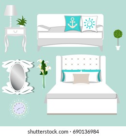 A set of furniture for the bedroom. Bed, sofa, pillows, plants, lamps, clocks, mirror. Vector.