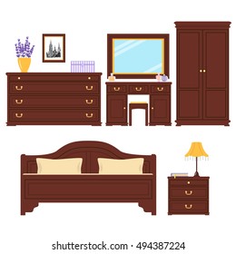 Set of furniture for bedroom. Cute sleeping room. For advertising, real estate image, furniture shop. Bed, picture, chest of drawers, table lamp, dressing table, bedside table, wardrobe, banquette