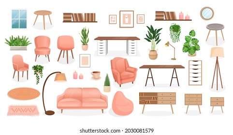 Set of furniture for the bedroom, hallway, living room, office. Collection of items for the interior of an apartment, office, home. Vector illustration in flat cartoon style. Housing elements.