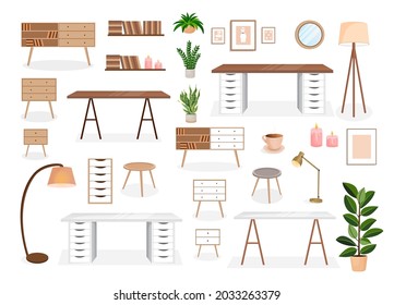 Set of furniture for the bedroom, hallway, living room, office. Collection of items for the interior of an apartment, office, home. Vector illustration in flat cartoon style. Housing elements.