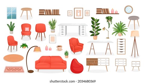 Set of furniture for the bedroom, hallway, living room, office. Collection of items for the interior of an apartment, office, home. Vector illustration in flat cartoon style. Housing elements.