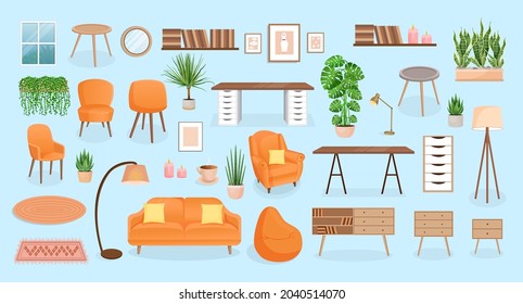 Set of furniture for the bedroom, hallway, living room, office. Collection of items for the interior of an apartment, office, home. Vector illustration in flat cartoon style. Housing elements.