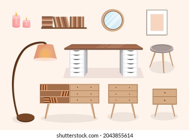 Set of furniture for the bedroom, hallway, living room, office. Collection of items for the interior of an apartment, office, home. Vector illustration in flat cartoon style. Housing elements.