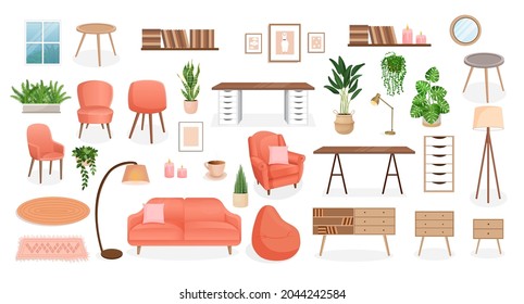 Set of furniture for the bedroom, hallway, living room, office. Collection of items for the interior of an apartment, office, home. Vector illustration in flat cartoon style. Housing elements.