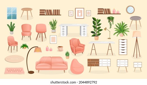 Set of furniture for the bedroom, hallway, living room, office. Collection of items for the interior of an apartment, office, home. Vector illustration in flat cartoon style. Housing elements.