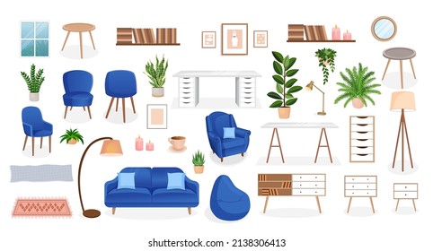 Conjunto de muebles para el dormitorio, vestíbulo, sala, oficina. Colección de objetos para el interior de un apartamento, oficina, casa. Ilustración vectorial al estilo de las caricaturas planas. Elementos de vivienda.