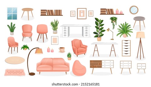 Set of furniture for the bedroom, hallway, living room, office. Collection of items for the interior of an apartment, office, home. Vector illustration in flat cartoon style. Housing elements.