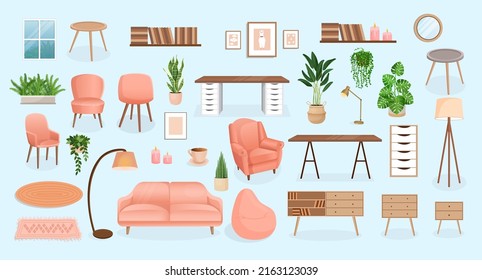 Set of furniture for the bedroom, hallway, living room, office. Collection of items for the interior of an apartment, office, home. Vector illustration in flat cartoon style. Housing elements.