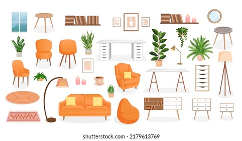 Set of furniture for the bedroom, hallway, living room, office. Collection of items for the interior of an apartment, office, home. Vector illustration in flat cartoon style. Housing elements.