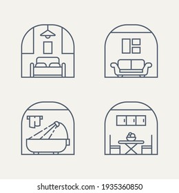 set of furniture bedroom, living room, bathroom, dining room minimalist line art badge logo icon design. simple modern decoration, architecture, interior, restaurant emblem bundle logo concept