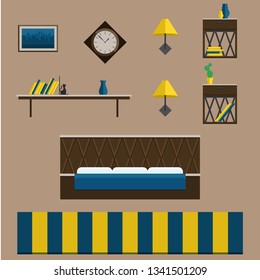 A set of furniture for the bedroom in the style of the mid-century.  Vector flat illustration. The interior of the room.