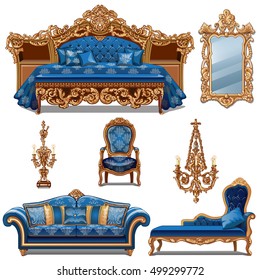 A set of furniture blue color for vintage interior isolated on white background. Vector illustration.