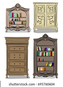A set of furniture (bookcases with chests of drawers) in shades of beige and light pink colors on a white background eps 10 illustration