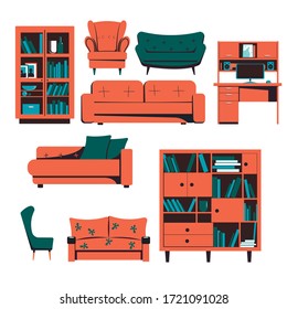 A set of furniture. Bookcases, sofas, tables, armchairs. Vector illustration.