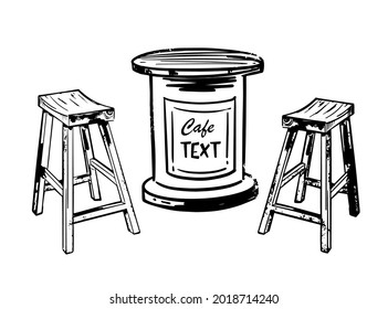 Set of furniture for cafe: two chairs and handmade table. Vector hand drawn illustration isolated on white background.