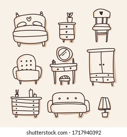 Set of furniture: camode, Cabinet, chair, floor lamp, bed, treslo, dressing table, beauty, isolated background. Scandinavian comfort in the house, housewarming, cozy housing. Logo. Doodle. Vector.