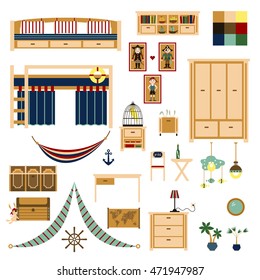 Set of furniture for children's room. Pirate room for the boy. Flat style vector.