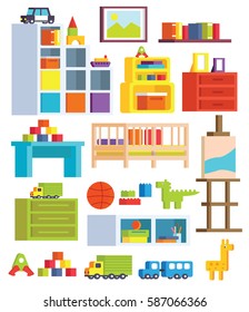 A set of furniture for children's rooms. Game room with toys, kindergarten, nursery. Set desks toys. Playground with children's furniture. Vector illustration