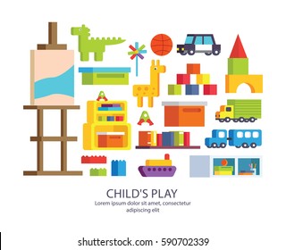 A set of furniture for children's rooms. Game room with toys, kindergarten, nursery. Set desks toys. Playground with children's furniture. Vector illustration