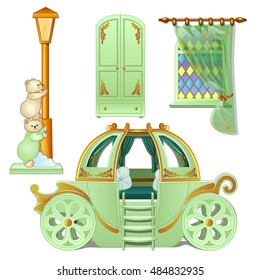 A set of furniture for a child's room is isolated on a white background. Vector illustration.
