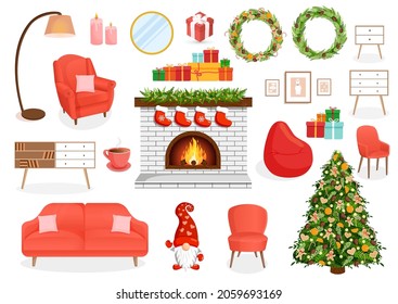 Set of furniture for the Christmas room, hallway, living room, study. Collection of festive items for interior, apartment, office, home. Vector illustration in flat cartoon style. Housing elements.