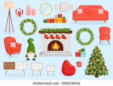 Set of furniture for the Christmas room, hallway, living room, study. Collection of festive items for interior, apartment, office, home. Vector illustration in flat cartoon style. Housing elements