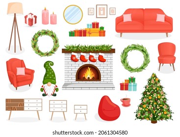 Set of furniture for the Christmas room, hallway, living room, study. Collection of festive items for interior, apartment, office, home. Vector illustration in flat cartoon style. Housing elements.