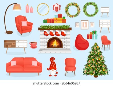 Set of furniture for the Christmas room, hallway, living room, study. Collection of festive items for interior, apartment, office, home. Vector illustration in flat cartoon style. Housing elements.