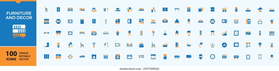 Set of Furniture colorful solid icons. Contains filled symbols like bed, office, house, sofa, home, decor and more. Simple solid vector. Furniture icon set. Minimal icon collections.