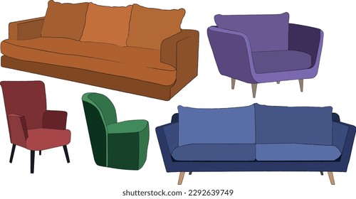 Set of furniture, couch, sofa, armchair, for livingroom, animation, vector file with or without outlines