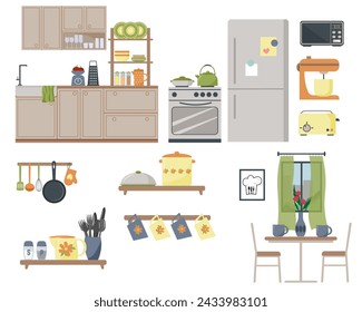 Un conjunto de muebles para crear un interior de cocina. Armarios, fregadero para lavar platos. Estufa y refrigerador, electrodomésticos de cocina, mesa y sillas. Ventana con persianas. Vector plano.