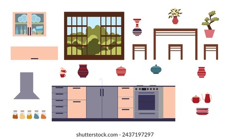set of furniture and decor for an Asian-style kitchen, a collection for an oriental Japanese interior is isolated on a white background.